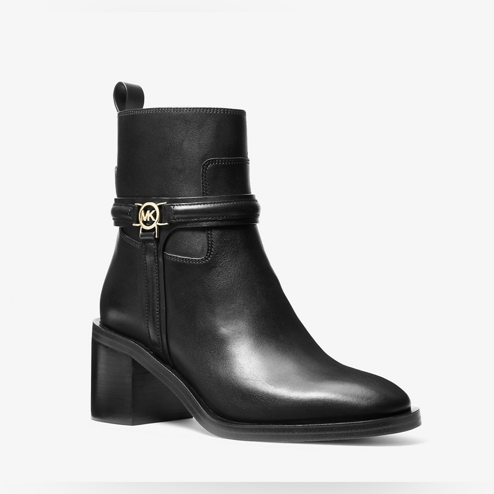 Michael Kors Mindy Leather Ankle Black Heeled Boots with Gold Hardware - Picture 5 of 8